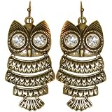 1.75" Articulated Owl Earrings with Big Rhinestone Eyes In Antique Brass