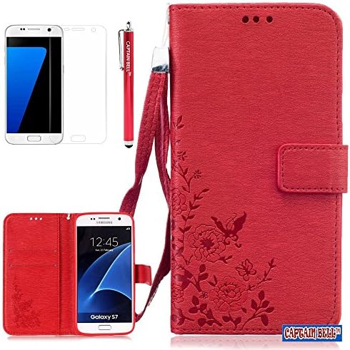 Captain Bell,Galaxy S7 Case,S7 Case,Pu Leather Wallet Case [Lanyard Knurling] Flip Cover Case for Samsung Galaxy S7 A-Red