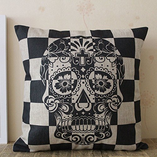 LINKWELL 18inches Black Grid Skull with Cross in the Forehead Halloween All Hallows' Eve Burlap Square Cushion Cover Pillow Case Mexican Day of the Dead Calavera All Souls Day Dia De Muertos