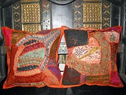 2 Orange Embroidered Pillow Cushion Covers From India Free Shipping