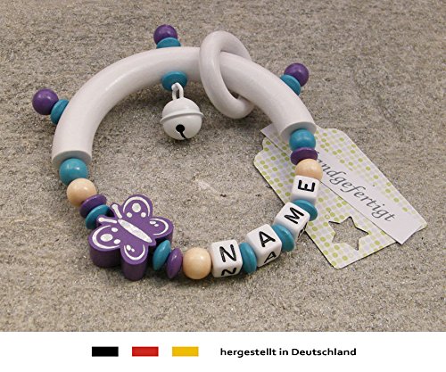 Baby Greifling Beißring halbrund mit Namen | individuelles Holz Lernspielzeug als Geschenk zur Geburt & Taufe | Mädchen motiv Glitzer Schmetterling in lila