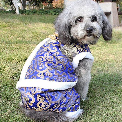 Pet Dog Peony Tang Style Costume Pet Dog Clothes Winter New Year Joyous Clothing Teddy Four Legs Satin Chinese Style Coat (XS, Blue)