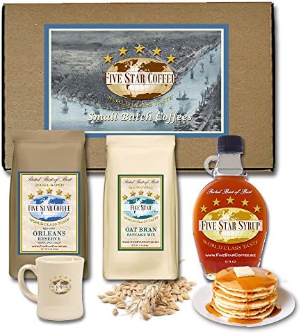 Five Star Coffee, Orleans Reserve Coffee and Oat Bran Pancake Mix, Breakfast Gift Set (Whole Bean)