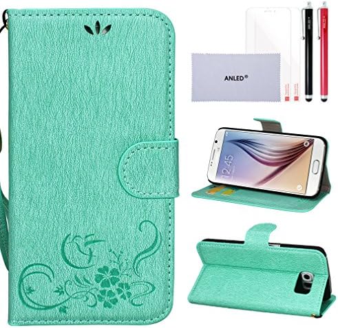 S6 Case,Galaxy S6 Case,S6 Wallet Case,ANLED Premium Vintage Emboss Flower Cover Leather Wallet Case with Card Slots,Folio Book Cover Strap Case for Samsung Galaxy S6[Green]