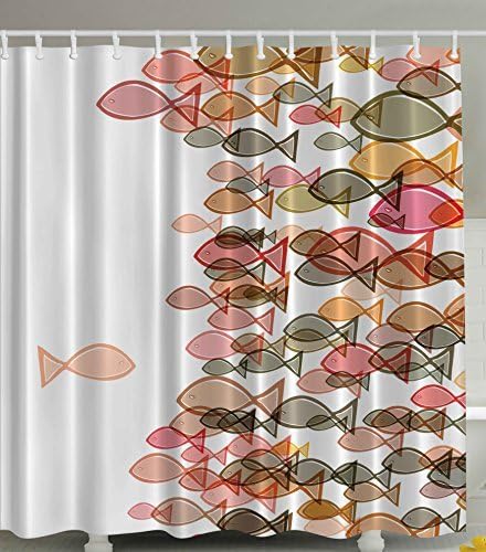 Think Yes Fish Nautical Coastal Flock Blue Fish Home Bathroom Art Design Designers Selection Print Soft Pastel Colors Polyester Fabric Shower Curtain Coral Yellow Green