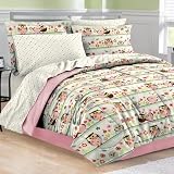 6pc Girl Pink Green Flower Bird Owl Nature Polka Dot Twin Comforter Set (6pc Bed in a Bag)