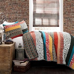 Lush Decor Boho Stripe 3-Piece Quilt Set, Full/Queen, Turquoise/Tangerine