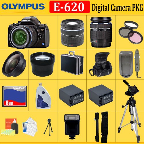 Olympus E-System E-620 SLR Digital Camera with 14-42mm & 40-150mm Zoom Lenses(Includes manufacturer's supplied accessories) + HUGE ACCESSORIES PACKAGE INCLUDING WIDE ANGLE MACRO LENS + 2X TELEPHOTO + 3 PC FILTER KIT + 8GB COMPACT FLASH MEMORY CARD + 2x EXTENDED LIFE BATTERIES + 2 CARRYING CASES + TRIPOD + MONOPOD & MUCH MORE !! Olympus E-System E-620 SLR Digital Camera with 14-42mm & 40-150mm Zoom Lenses(Includes manufacturer's supplied accessories) + HUGE ACCESSORIES PACKAGE INCLUDING WIDE ANGLE MACRO LENS + 2X TELEPHOTO + 3 PC FILTER KIT + 8GB COMPACT FLASH MEMORY CARD + 2x EXTENDED LIFE BATTERIES + 2 CARRYING CASES + TRIPOD + MONOPOD & MUCH MORE !!