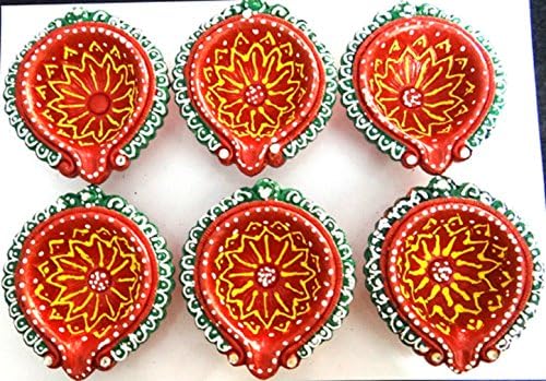 Diwali / Deepavali Decorative Hand Painted Terracotta Diya (Pack Of 6), 85mm x 90mm x 23mm Brown-Green-Yellow