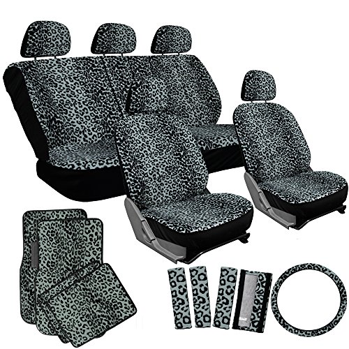 OxGord 17pc Gray Leopard Seat Cover Set for Car/Truck/Van/SUV, Gray Seats w/ Gray Mats