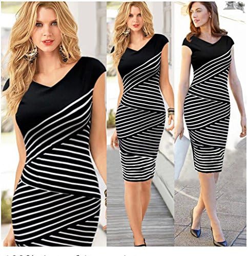 First Day Office Lady Elegant Black White Stripe Plus Size Bodycon Midi Pencil Tunic Knee Length Sheath Dress (M)