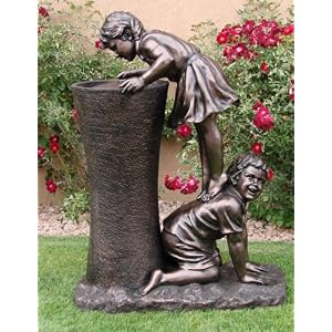 Children Boy and Girl Bronze LED Lighted Garden Fountain by 