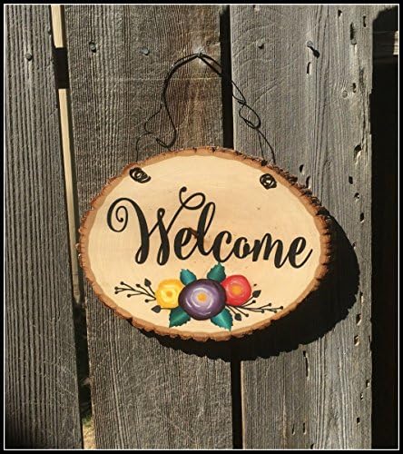 9.5 X 13 Welcome- Door Hanger- Flowers- Welcome wood sign- Floral wood signs- wood sign with bark- Wood slice *FREE SHIPPING!*