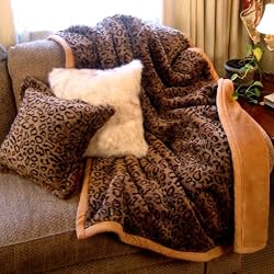 Leopard Faux Fur Throw Blanket Rug, Animal Print Throw with Silky Camel Colored Short Pile Faux Fur Backing