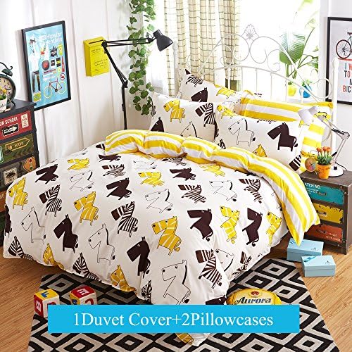 Yunr Lightweight Polyester microfiber Duvet Cover Set, character white brown coffee zabra horses , Full Queen Size (Full/Queen, Pattern #02)