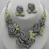 Bold and Beautiful XX-Large and Fancy Black & Green Crystal Rose Necklace & Earrings Set Black/Hematite Finish