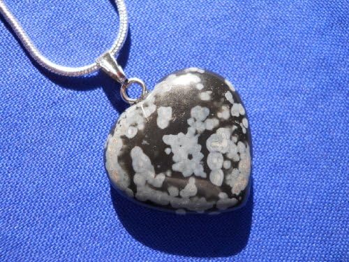 20 mm Snowflake Obsidian Heart Pendant Sterling Silver Snake Chain Necklace 24"