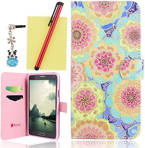 Ancerson® PU Leather Case for Samsung Galaxy Note 4 IV N9100 Vintage Colorful Printed Magnet Buckle Built-in Credit/ ID Card Slot Pocket Flip Folio Stand Protective Cover Free with a Red Stylus Touchscreen Pen, a 3.5mm Universal Crystal Diamond Rhinestones Bling Lovely Blue Panda Silvery Flower Pendant Dust Plug and a Cleaning Cloth - Retail Package (Hot Pink Red Orange Yellow Pink Brown Blue Purple Bloom Penoy Flower)