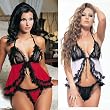2Pc. Lace Tie Front Peek-A-Boo Babydoll With / G- (Red/Black;Plus Size)