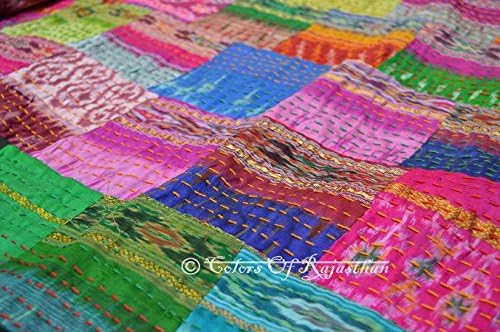 COR's King Size Patola Silk Patch Work Kantha Quilt , Kantha Blanket Bedspread, Patch Kantha Throw, King Kantha, Kantha Rallies Indian Sari Quilt, Size 90" X 108"