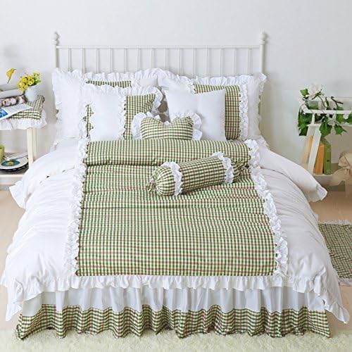 YOYOMALL Beautiful Blue Pink Brown Plaid Bedding Sets,Rustic Ruffle Bedding Sets for Teen Girls Twin Queen King Size. (King, Green)