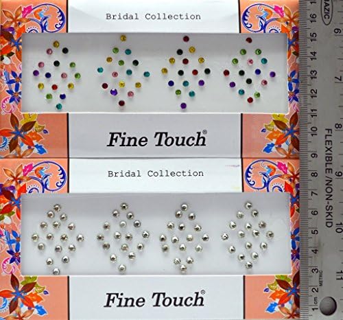 Silver and Multicolor Crystal-Look Dot Bindi Tattoo 125 Stickers in Pack of 2 Cards Adhesive Body Jewelry By Golden India P4