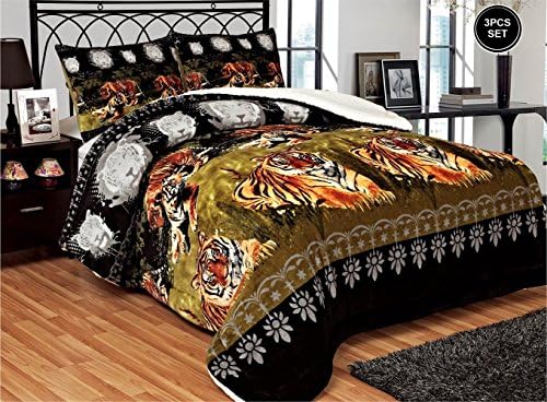 Wpm's 3 Piece Luxurious Thick Flannel Queen Blanket Sumptuously Soft Plush Faux Fur Borrego Reversible Winter Blankets Sherpa with Pillow Shams (Tiger WA0021)