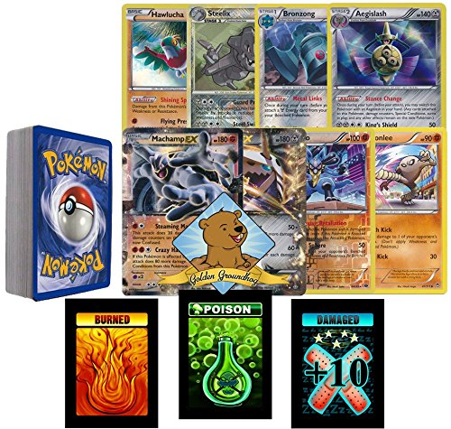ALL STEEL and FIGHTING TYPE POKEMON! 40 Assorted POKEMON Card Pack Lot! With 2 Random POKEMON EX Cards, RARES, ENERGY, and FOILS! Includes 3 Custom Golden Groundhog Token Counters!