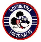 Mickey Mouse Motorcycle Track Races wearing patriotic helmet red white blue USA Team Embroidered Iron On / Sew On Patch - Disney