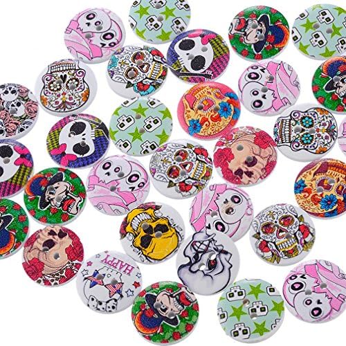 Souarts Mixed Round 2 Holes Wood Buttons Skull Printed Pack of 100pcs