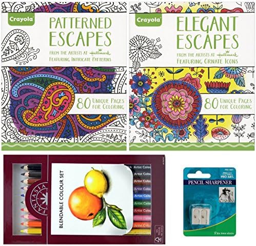 Set of Two Crayola Elegant Escapes &amp; Patterned Escapes Adult Coloring Books, 10 Fantasia Blendable Artist Colour Pencils &amp; Pro Art Double Sharpener - 4 Item Bundle
