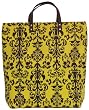 Cotton Canvas Arabesque Yellow and Black Tote Bag with Leather Handles 17"Lx17"H