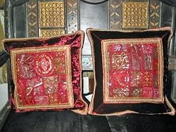 Christmas Gift-2 Maroon Patch-work Sari Toss Pillow Cushion Covers Free Shipping