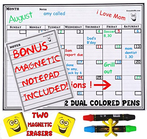 COMPLETE CALENDAR KIT, 16x12-Inch Magnetic Refrigerator Monthly Planner Dry Erase Board with 2 Dual Color Markers, 2 Yellow Whiteboard Erasers and a Fridge 'Pen Butler' PLUS BONUS Notepad.