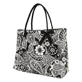 Large Quilted Floral Paisley Tote Bag - Black & White