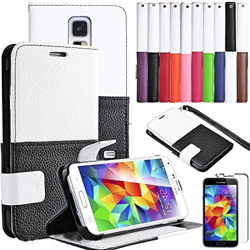 myLife Graphite Black and White - Modern Design - Koskin Faux Leather (Card, Cash and ID Holder + Magnetic Detachable Closing + Hand Strap) Slim Wallet for NEW Galaxy S5 (5G) Smartphone by Samsung (External Rugged Synthetic Leather With Magnetic Clip + Internal Secure Snap In Hard Rubberized Bumper Holder)