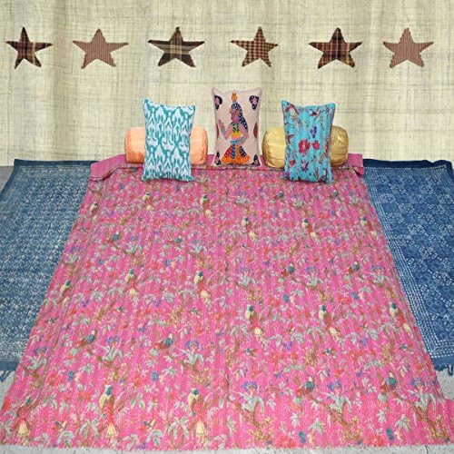 Rajcrafts Bird Kantha Work Double Cotton Rajasthani Gudari Queen Pink