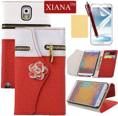 Galaxy Note 3 Case, XIANA Zipper Purse Fold Wallet Leather Case Cover with Credit Card Slots,Stylus,Screen Protector and Cleaning Cloth Suitable For Samsung Galaxy Note 3 N9000(White w/Red)