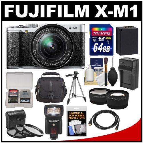 spec Fujifilm X-M1 Digital Camera & 16-50mm XC Lens (Silver) with 64GB Card + Case + Flash + Battery + Tripod + Tele/Wide Lenses Kit
