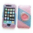 Apple iPhone 3G & 3GS Snap-on Protector Hard Case Rhinestone Cover "Silver Diamond Heart with Gem, Pink & Blue" Design