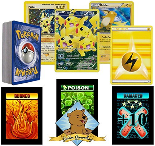 POKEMON PIKACHU Lot - 50 Cards Features 1 Full Art Pikachu and 1 Raichu! Foils Rares Lightning Energy! Comes in Tin or Storage Box! Includes 3 Custom Golden Groundhog Tokens!