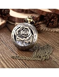 Youyoupifa Bronze Alloy Carved Rose Pattern Vintage Quartz Pocket Watch