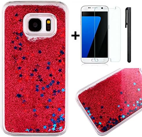 Galaxy S7 Case,Tebey [Liquid Flowing] Ultra Thin [Glitter] Bling Back Case Cover for S7,Hard Case Protective Shell Floating Sparkle Star Quicksand Case for Samsung Galaxy S7-Red and Blue Star