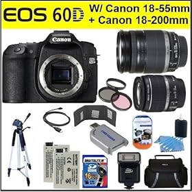 Canon EOS 60D Digital SLR Camera with EF-S 18-55mm f/3.5-5.6 IS II Zoom Lens + Canon EF-S 18-200mm f/3.5-5.6 IS Lens + 16GB Deluxe Accessory Kit