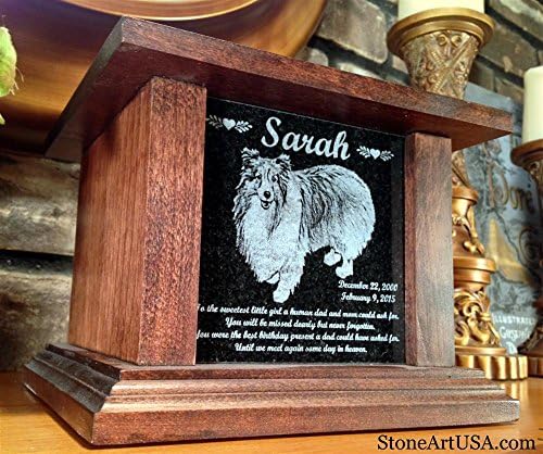 Pet Cremation Memorial Urn by Eric @ StoneArtUSA / Small Dark Wood & Granite Stone for pets up to 48 lbs. / Custom Picture Personalized Engraved Laser Etched Photo Marker Dog Cat Pet Ashes