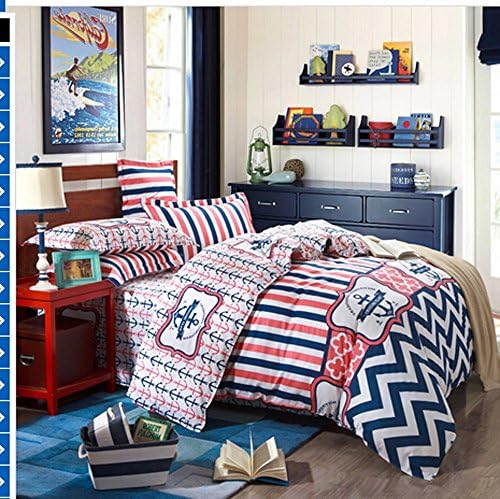 Andreannie ®Full Size 4pcs Bedding Sets Simple retro blue anchors and Zigzag Stripes Sailing enthusiasts gift Cotton Material Duvet Cover Sets Both Sides Print Without Comforter