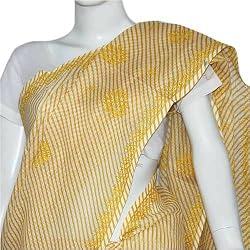 Indian Designer Sari Cotton Chikan Embroidery Yellow and Offwhite Stripes (chsari106)