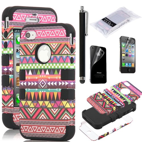 Pandamimi ULAK Hybrid High Impact Case Tribal Pink / Black Silicone for iPhone 4 4S +Screen Protector +Stylus