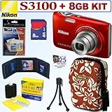 Nikon Coolpix S3100 14 MP Digital Camera (Red) + 8GB Accessory Kit