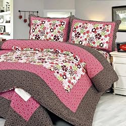 [Eranthe] 100% Cotton 3PC Floral Vermicelli-Quilted Patchwork Quilt Set (Full/Queen Size)